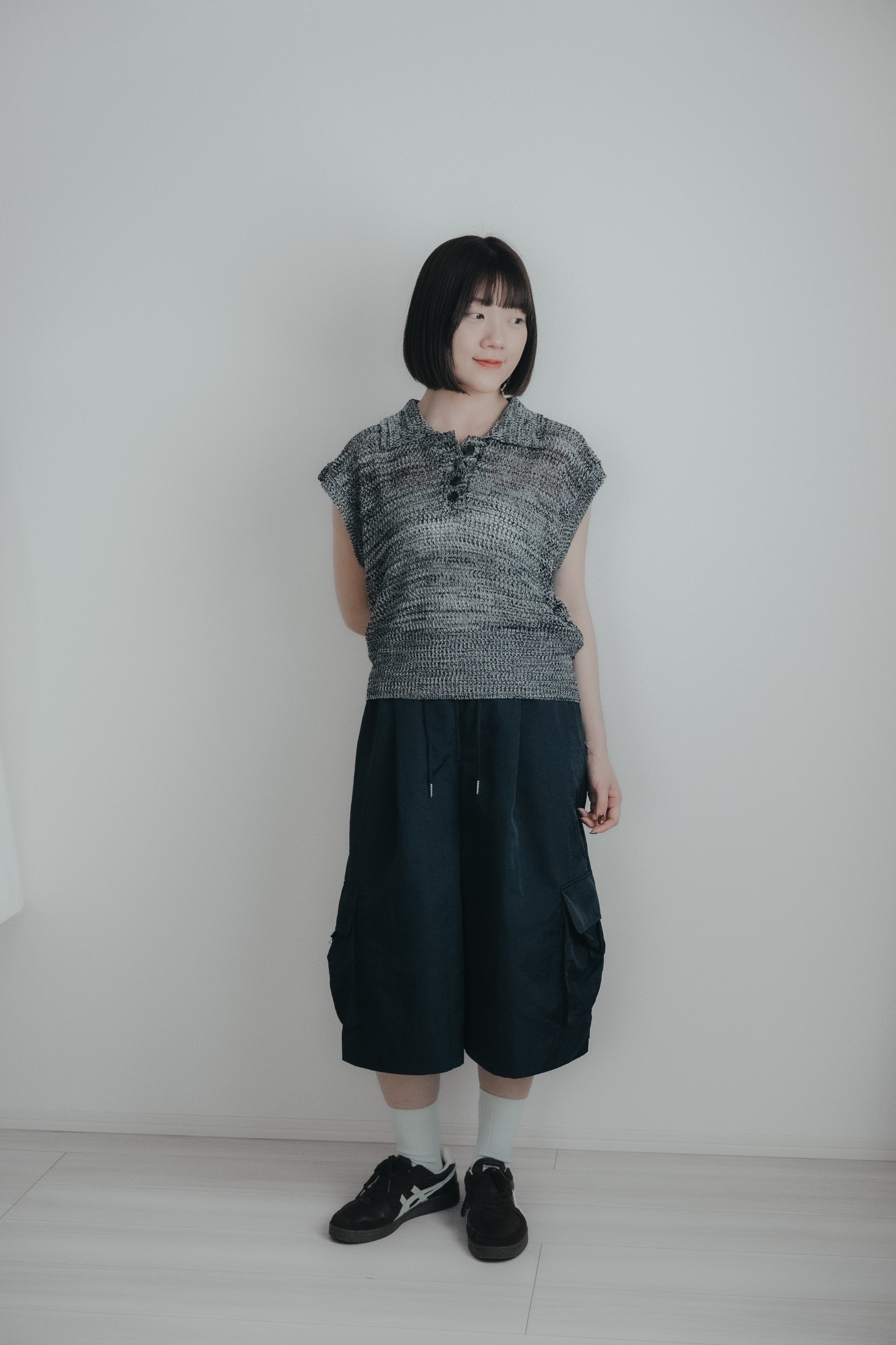亞麻感網狀Polo上衣｜黑