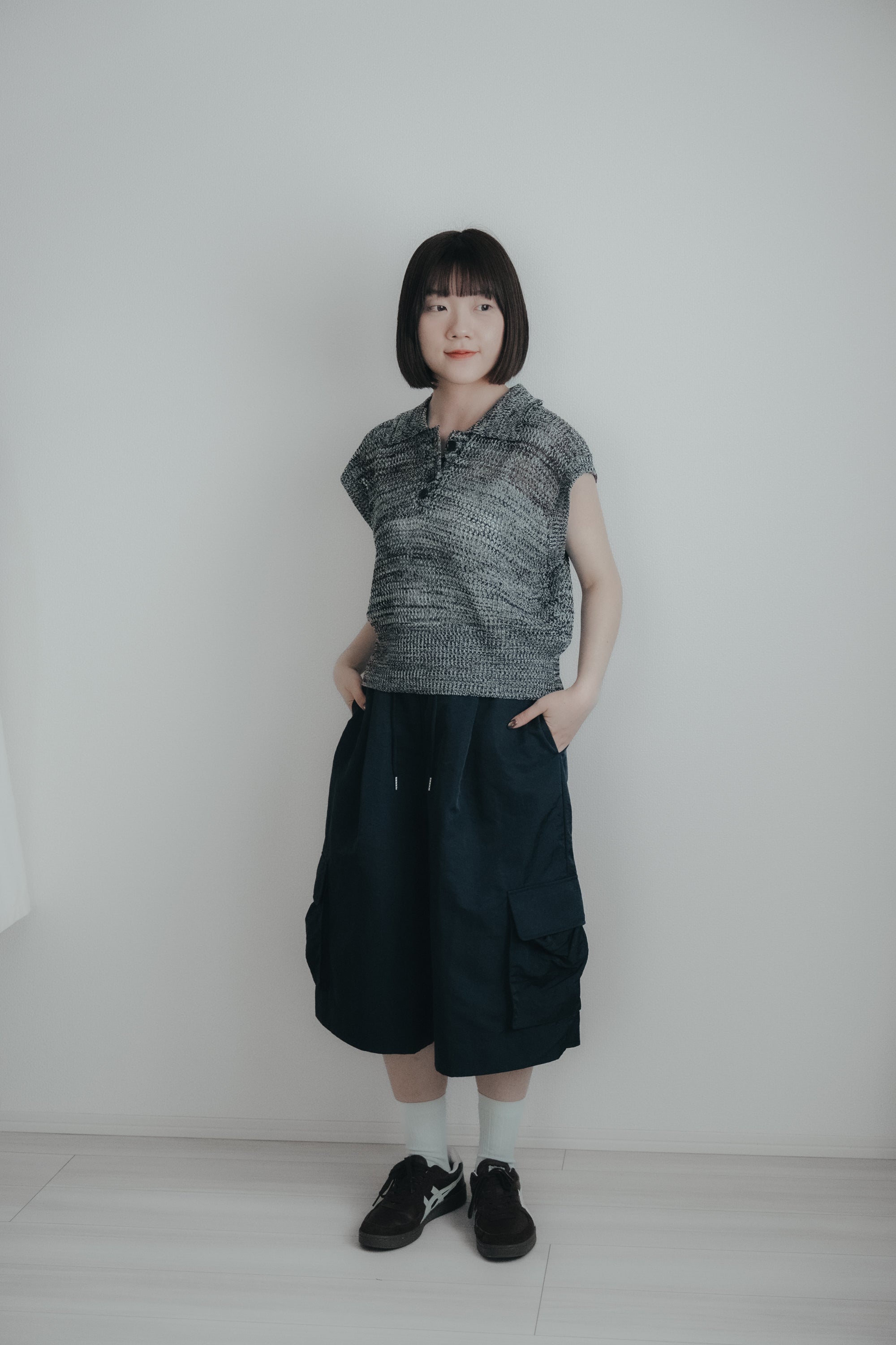 亞麻感網狀Polo上衣｜黑