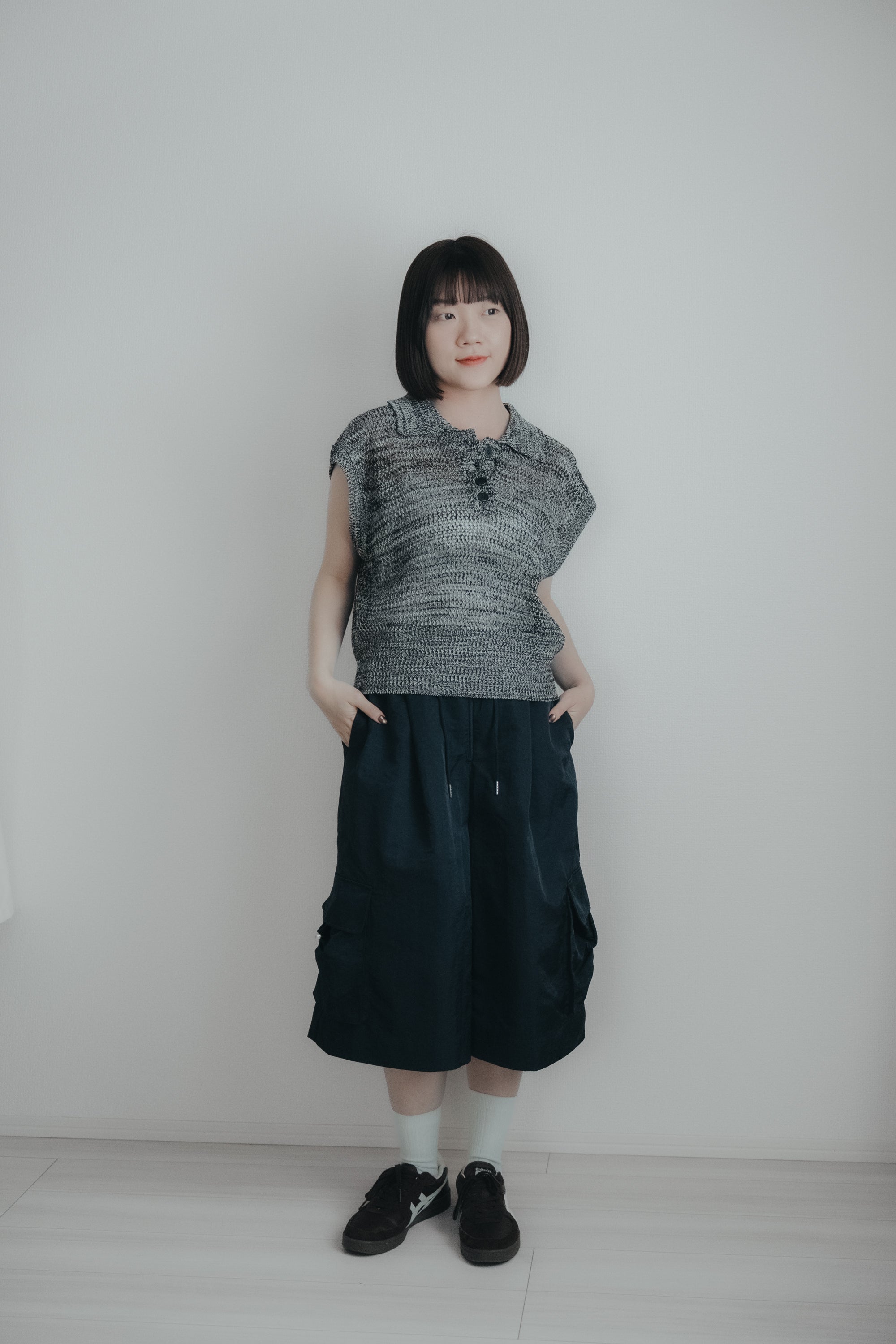 亞麻感網狀Polo上衣｜黑