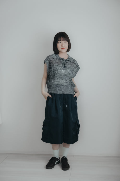 亞麻感網狀Polo上衣｜黑