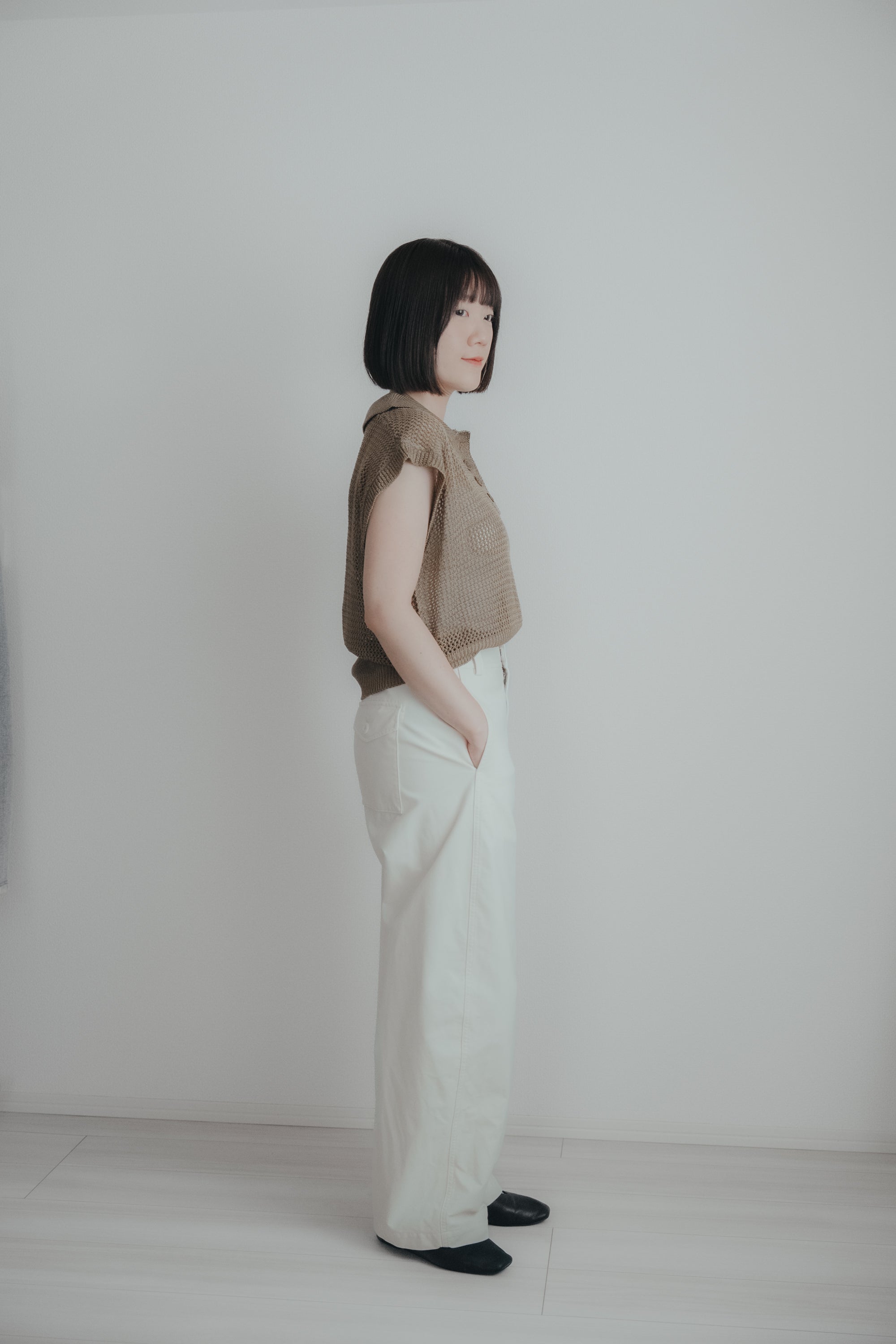 亞麻感網狀Polo上衣｜卡其