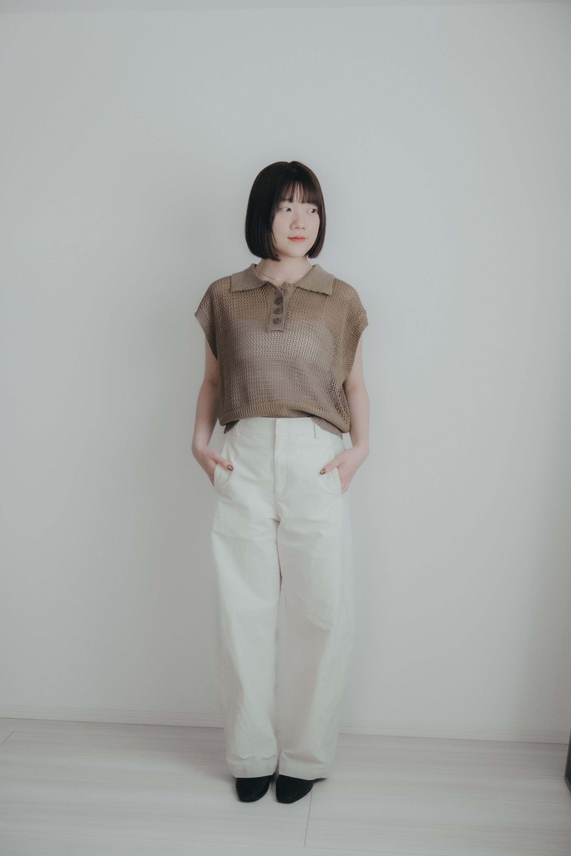亞麻感網狀Polo上衣｜卡其