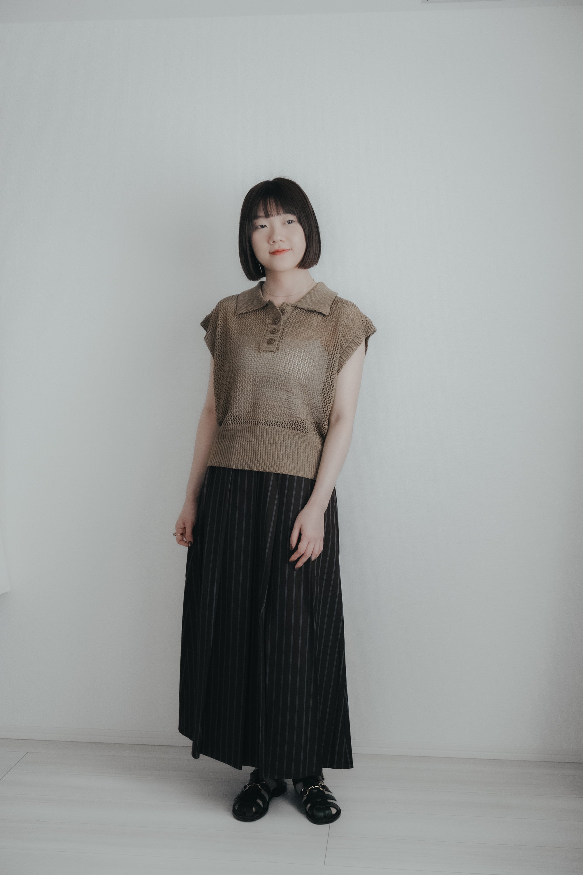 亞麻感網狀Polo上衣｜卡其