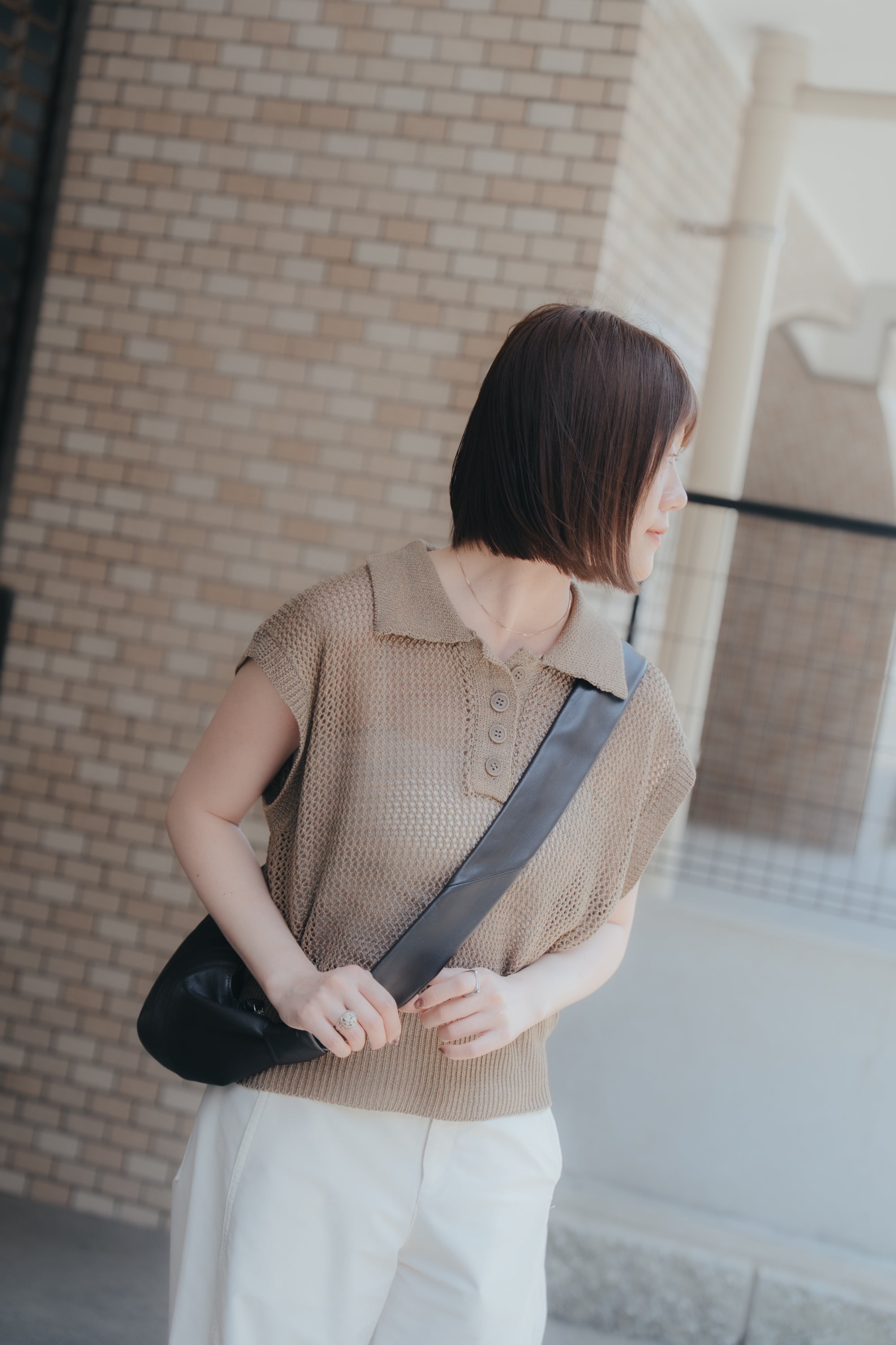 亞麻感網狀Polo上衣｜卡其