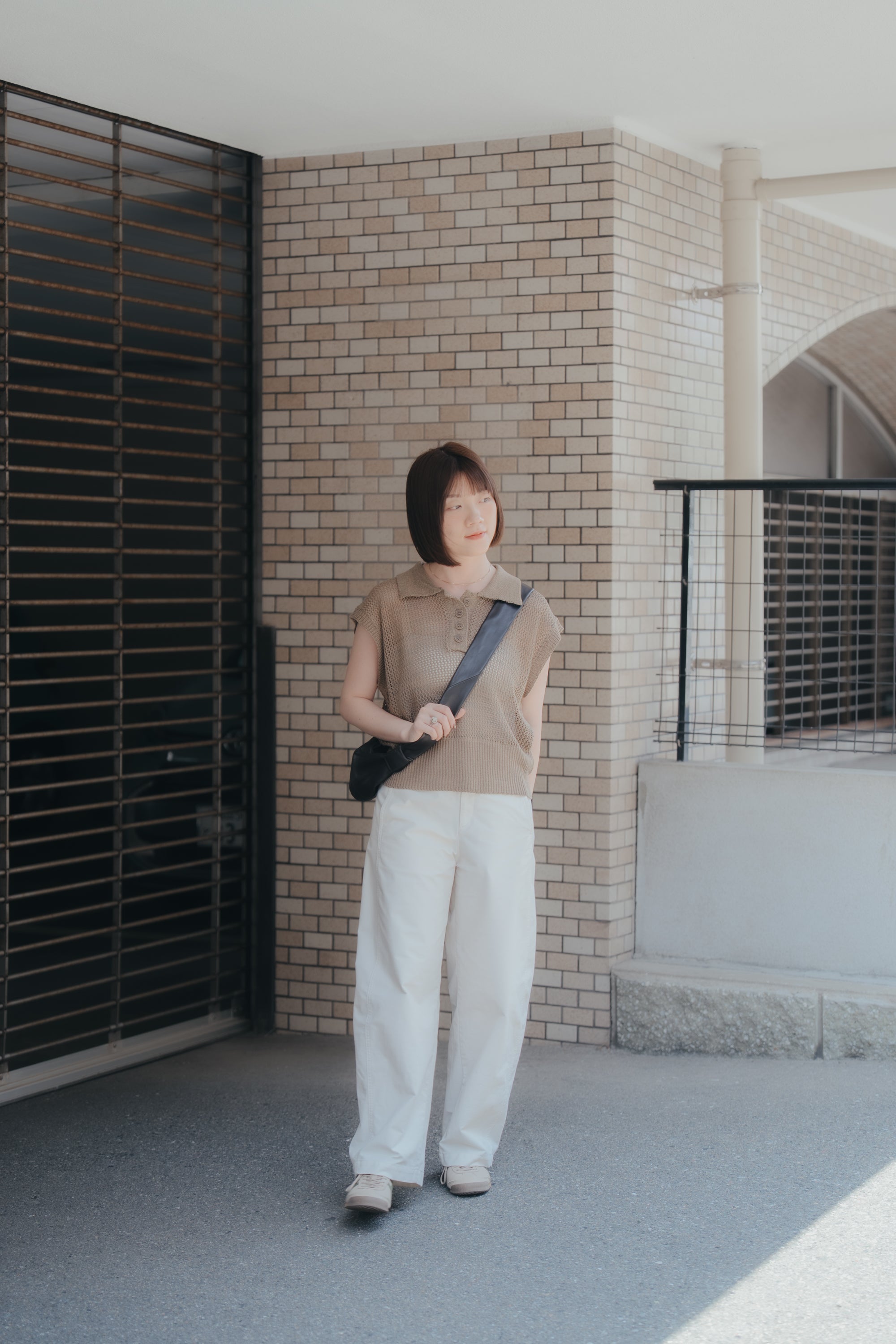亞麻感網狀Polo上衣｜卡其