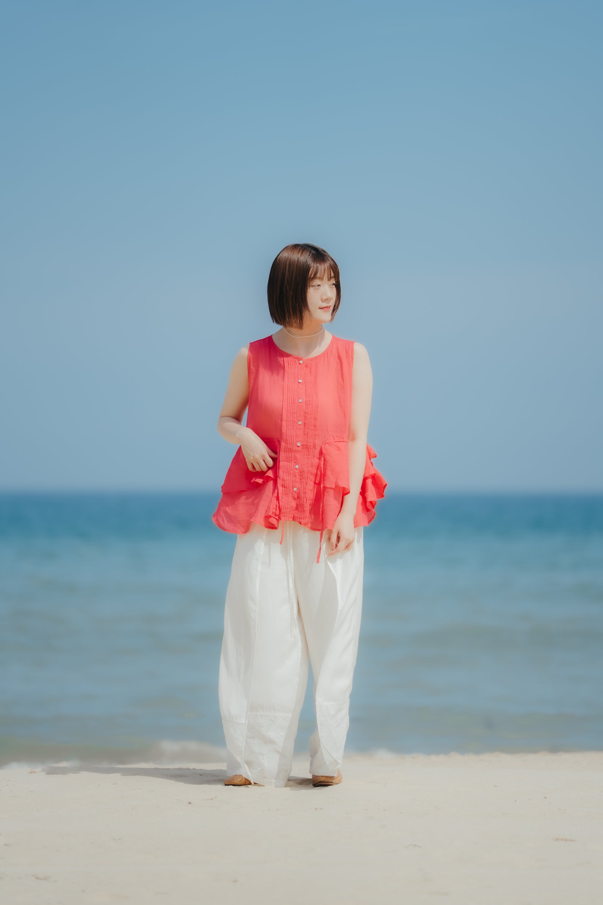 夏日冰心抽繩無袖衫｜珊瑚橘