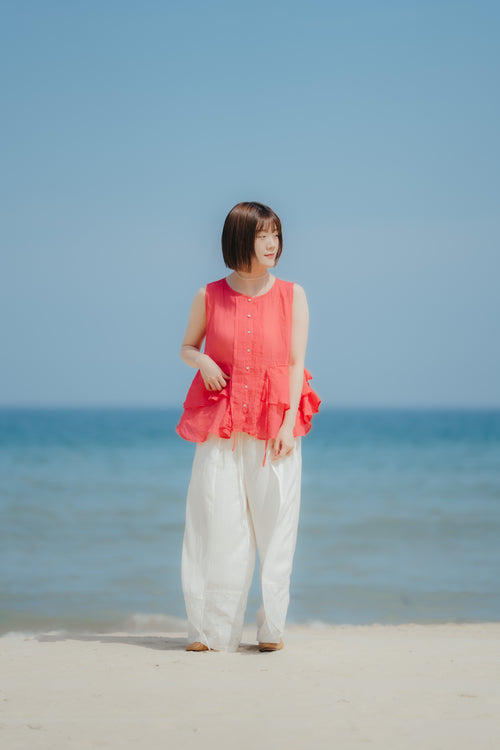 夏日冰心抽繩無袖衫｜珊瑚橘