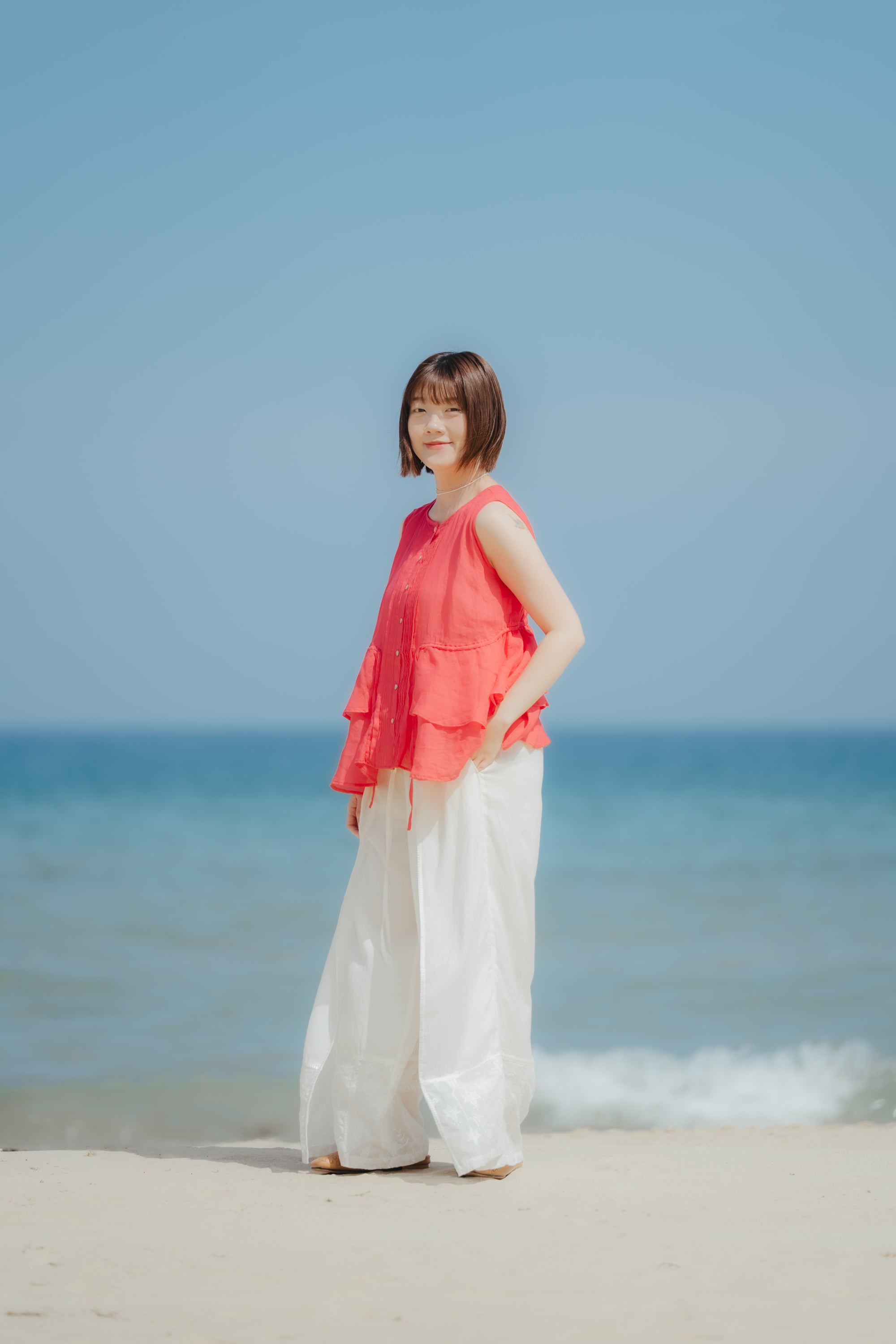 夏日冰心抽繩無袖衫｜珊瑚橘