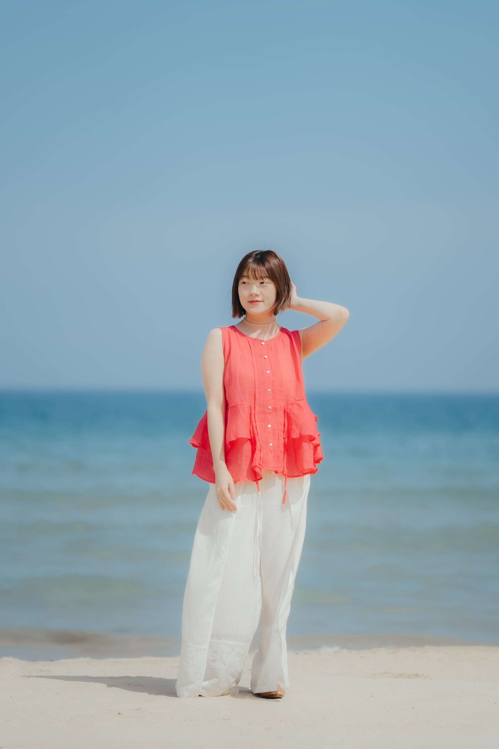夏日冰心抽繩無袖衫｜珊瑚橘